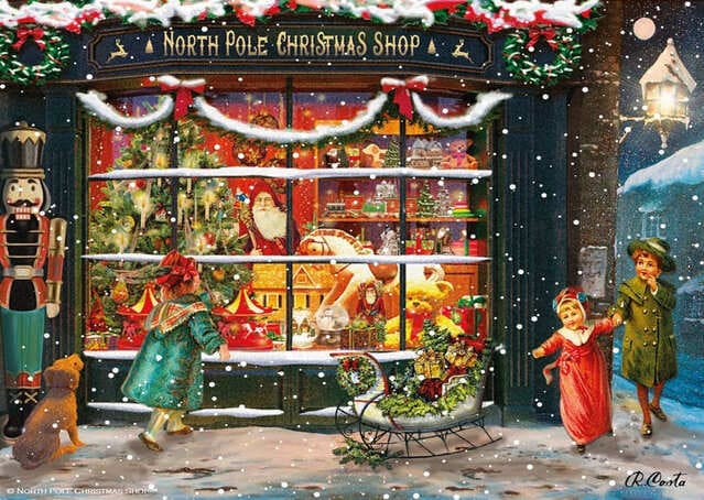 Nightcafe Window Classic Toy Shop Christmas Card Kids In Front Of