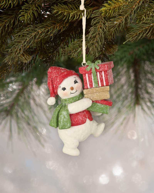 A fabolous decoration to buy in UK - KL8010 Bethany Lowe Snowman With Presents Ornament