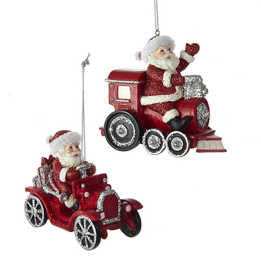 Kurt Adler NYC C6776 Red and Silver Glittered Santa In Car and Train Ornaments