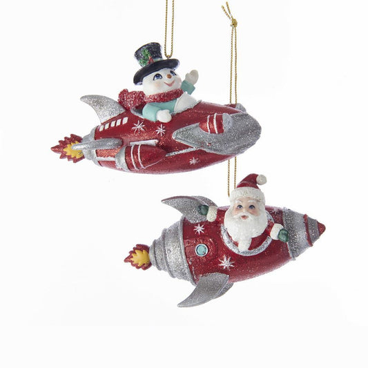 Kurt Adler NYC C7663 Red and Silver Glittered Santa and Snowman In Rocket Ornaments, 2 Assorted