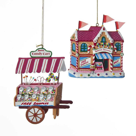 Kurt Adler NYC D3240 Candy Cart and Candy Store Ornaments, 2 Assorted