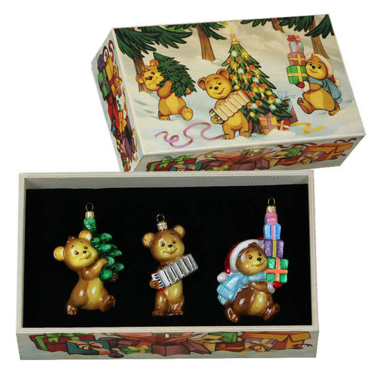 Shop now in UK Mostowski Komozja Three Teddies boxed set - Glass Bauble handmade in Poland
