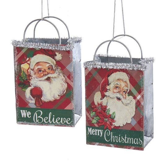 Kurt Adler NYC G0212 Plaid Shop Bag With Santa Head Ornaments