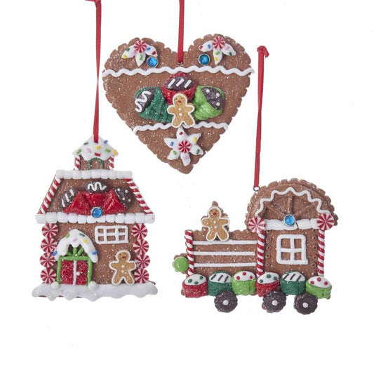 Shop now in UK Kurt Adler NYC D3386 Gingerbread House, Heart and Train Ornaments, 3 Assorted 