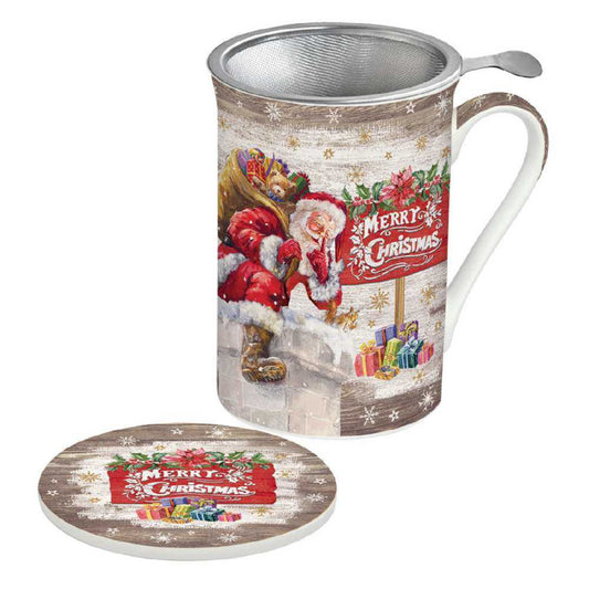 Shop now in UK Christmas Tableware: Fine China mug with lid and metal infuser