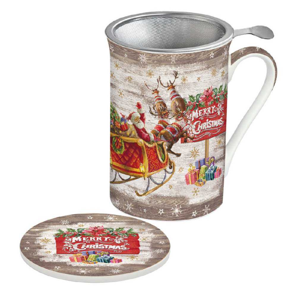Shop now in UK Christmas Tableware: Fine China mug with lid and metal infuser