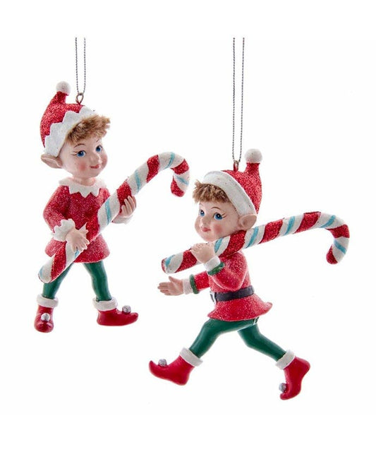 Shop now in UK Kurt Adler 4" Resin Elf With Candy Cane Ornament 2 Assorted E0428