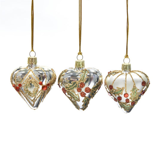 Shop now in UK Glass Mini Jewel Holly Heart Ornament 3 Assorted L 21728