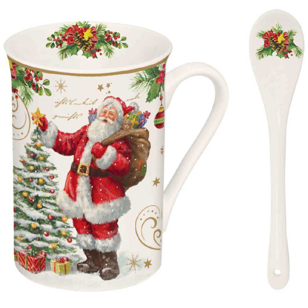 Shop now in UK Christmas Tableware: Mug with spoon in high quality Fine China and coaster